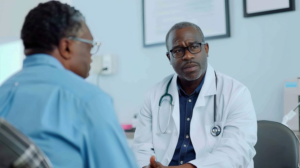 a hispanic doctor consulting with a black elderly patient in a bright clinic